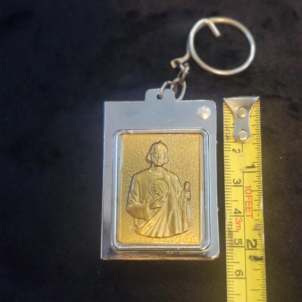 Saint Jude Thaddeus keychain Silver metal And Plast Gold Top design.